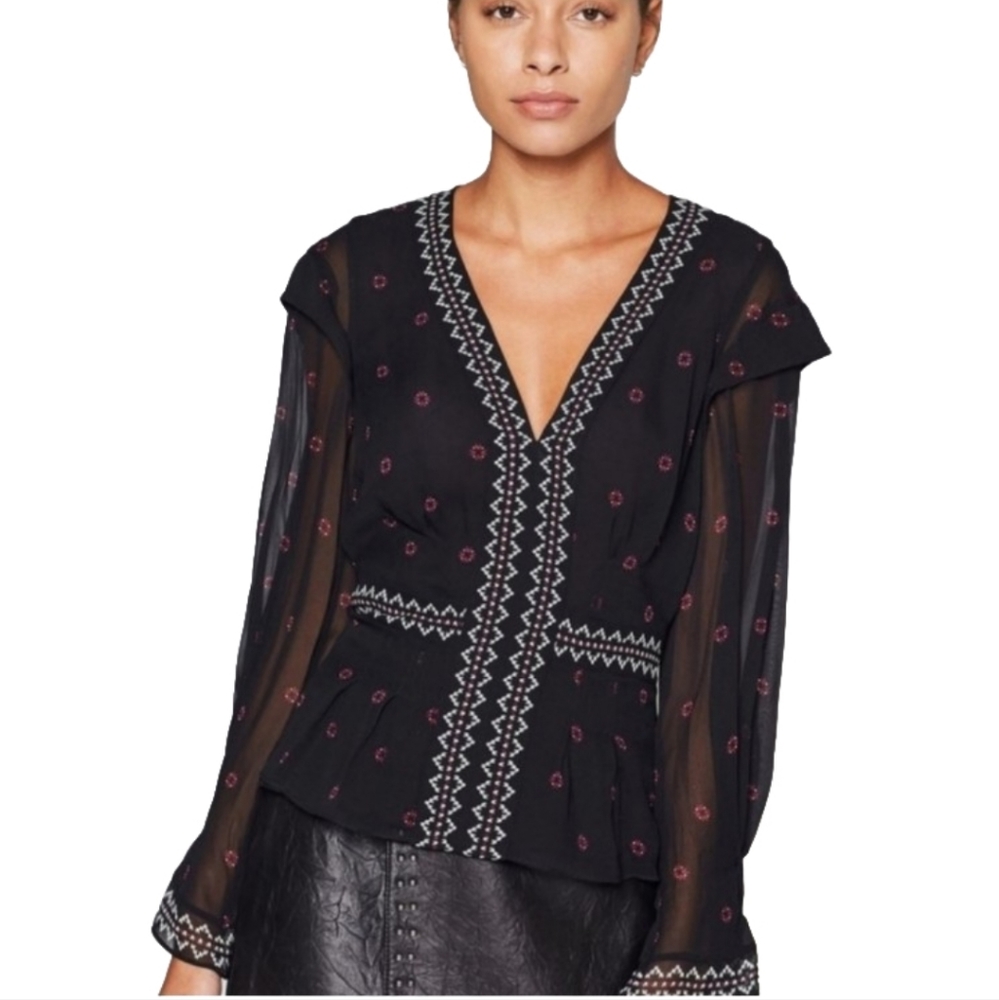JOIE Dashlee Silk V-NeckLong Sleeve Floral Fit & Flare Black Top Size XS